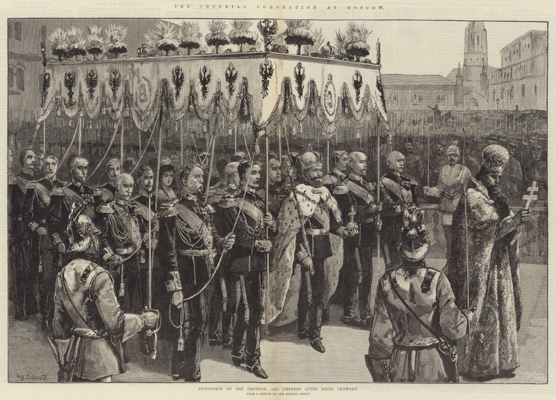 De keizerlijke kroning in Moskou, processie van de keizer en keizerin na de kroning door William Heysham Overend