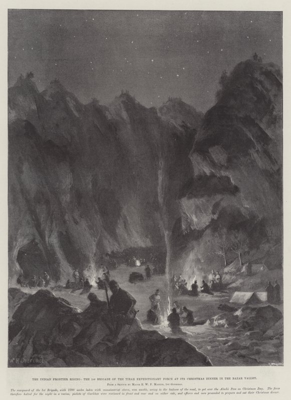 De Opstand aan de Indiase Grens, het 1e Brigade van de Tirah Expeditionary Force tijdens hun Kerstdiner in de Bazar Vallei door William Heysham Overend