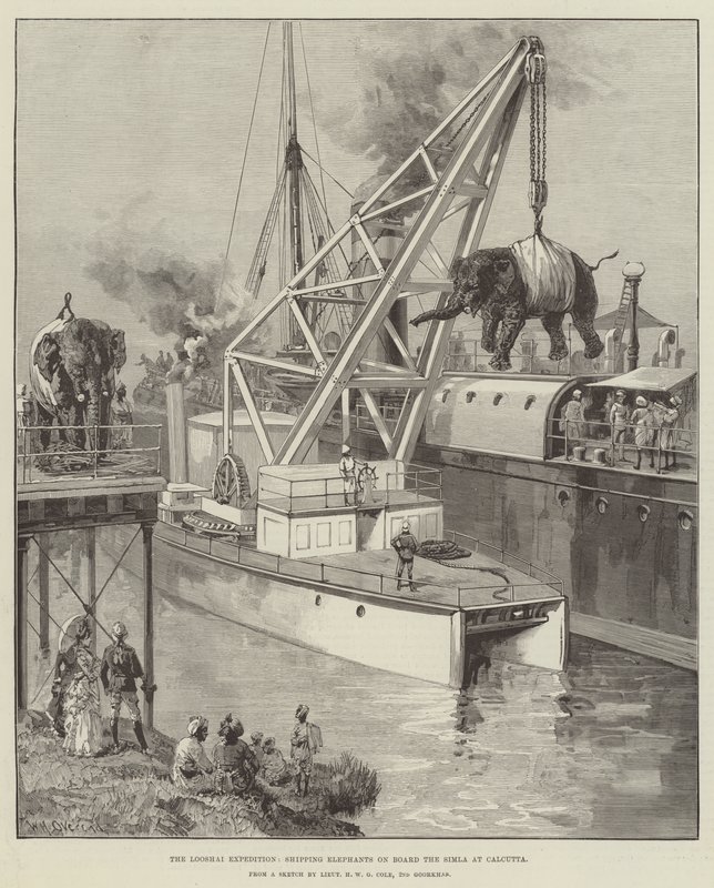 De Looshai Expeditie, olifanten aan boord van de Simla in Calcutta door William Heysham Overend