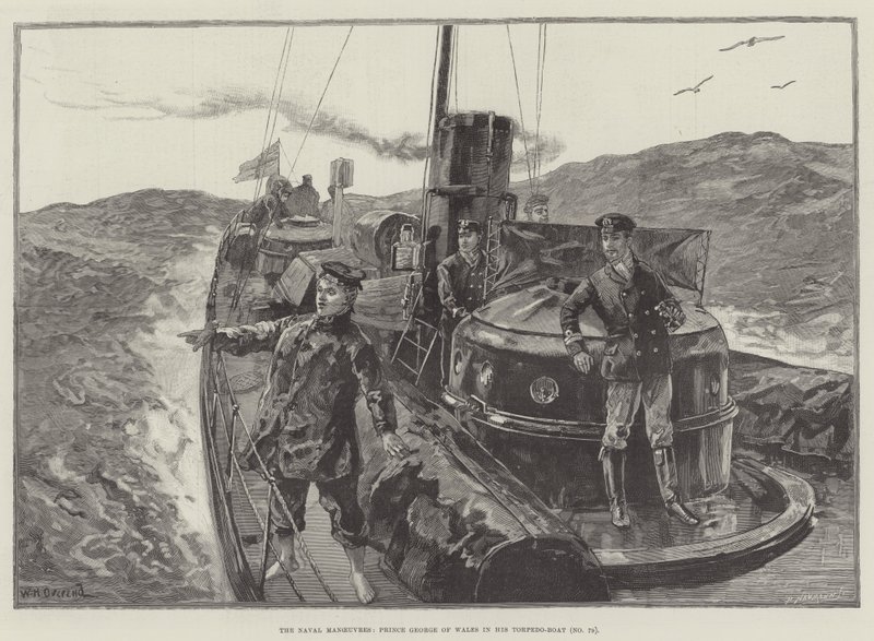De marine-oefeningen, prins George van Wales in zijn torpedoboot (nr. 79) door William Heysham Overend