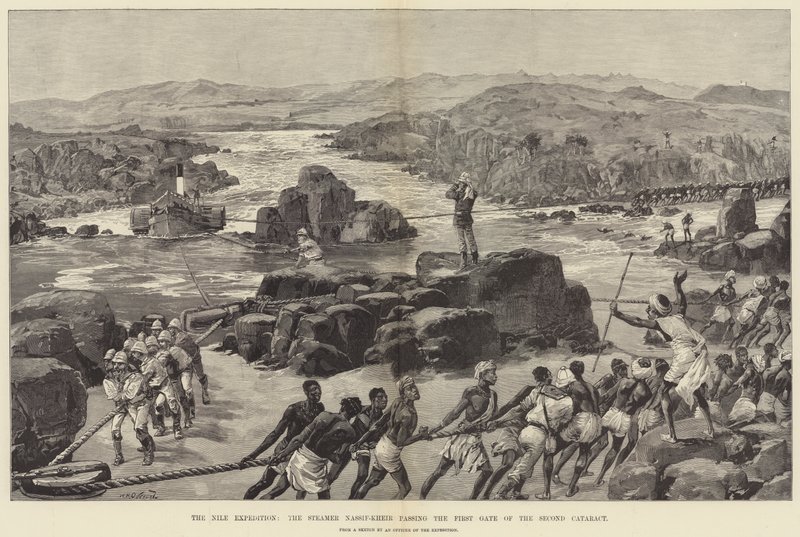 De Nijl expeditie, de stoomboot Nassif-Kheir passeert de eerste poort van de tweede cataract door William Heysham Overend