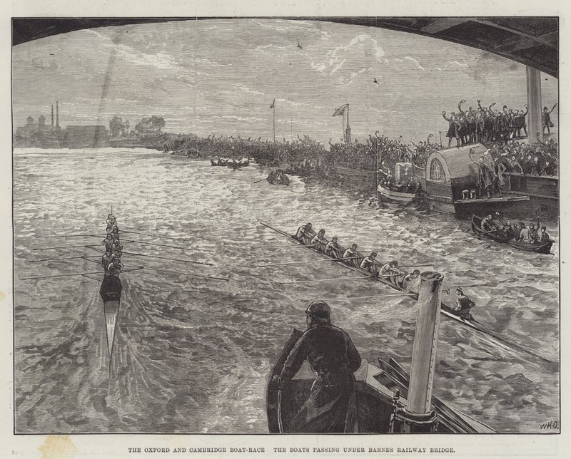 De Oxford en Cambridge bootrace, de boten passeren onder de Barnes Railway Bridge door William Heysham Overend