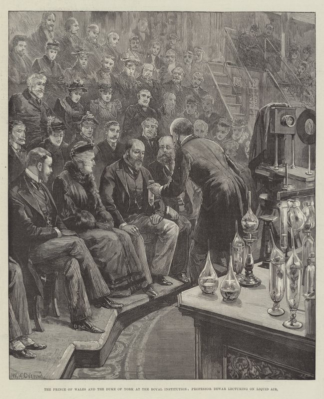 De Prins van Wales en de Hertog van York bij de Royal Institution, Professor Dewar geeft een lezing over Vloeibare Lucht door William Heysham Overend