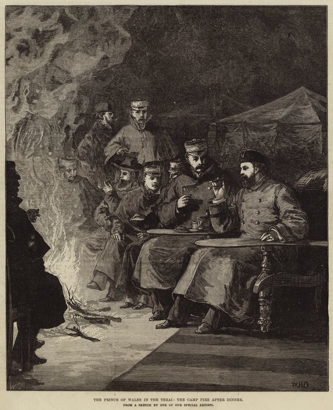 De Prins van Wales in de Terai, het kampvuur na het diner door William Heysham Overend