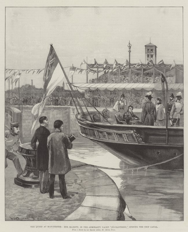 De Koningin in Manchester, Hare Majesteit, in het Admiraliteit Jacht Enchantress, opent het Scheepvaartkanaal door William Heysham Overend