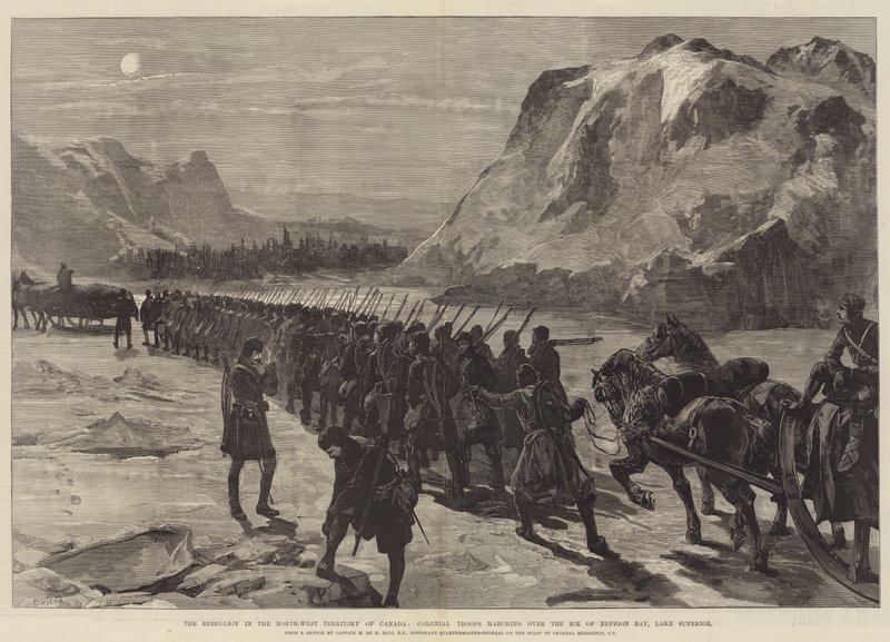 De opstand in het Noordwestelijke Territorium van Canada, koloniale troepen marcheren over het ijs van Nepigon Bay, Lake Superior door William Heysham Overend