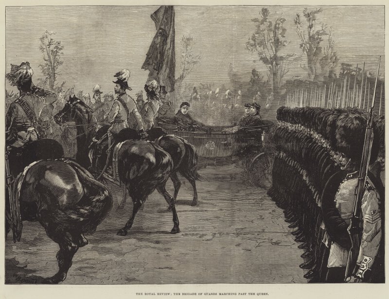 De Koninklijke Review, de Brigade van de Garde marcheert langs de Koningin door William Heysham Overend