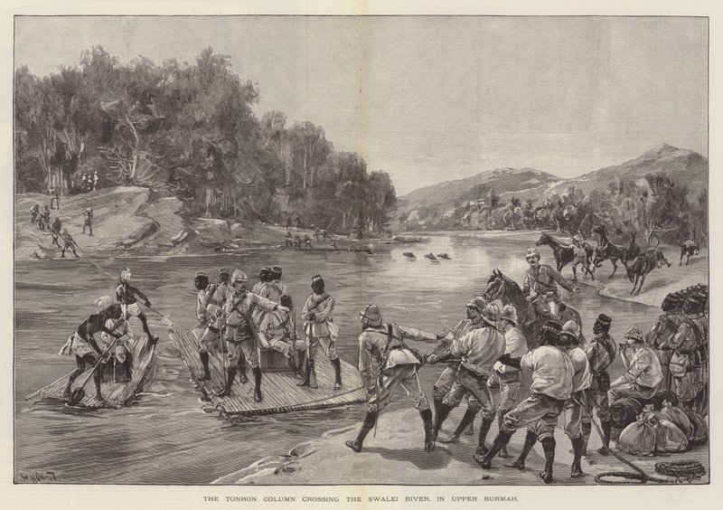 De Tonhon Kolom die de Swalei Rivier oversteekt, in Boven-Birma door William Heysham Overend