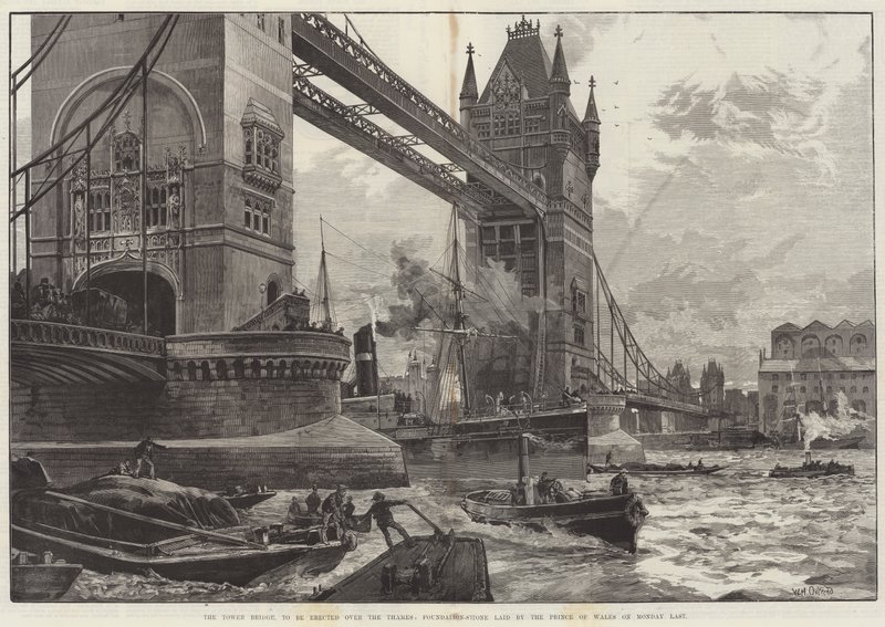 De Tower Bridge, te bouwen over de Theems, Fundering gelegd door de Prins van Wales op maandag laatst door William Heysham Overend