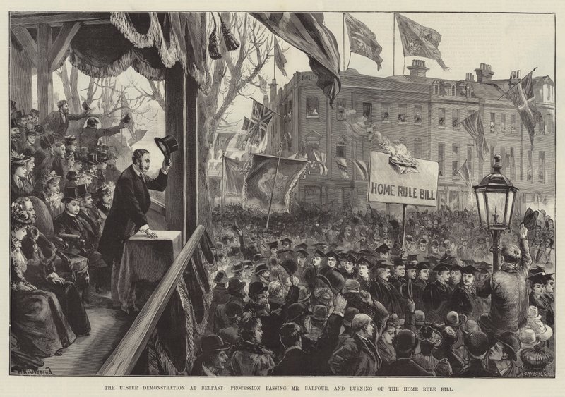 De Ulster Demonstratie in Belfast, Processie langs Mr Balfour, en verbranding van de Home Rule Bill door William Heysham Overend