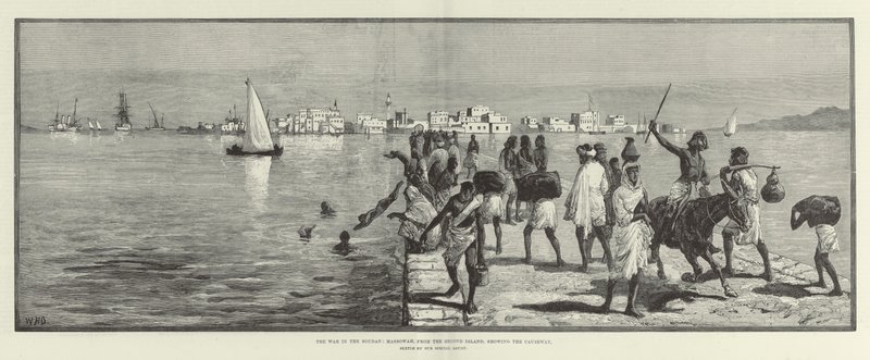 De oorlog in Soedan, Massowah, vanaf het tweede eiland, met de dam door William Heysham Overend