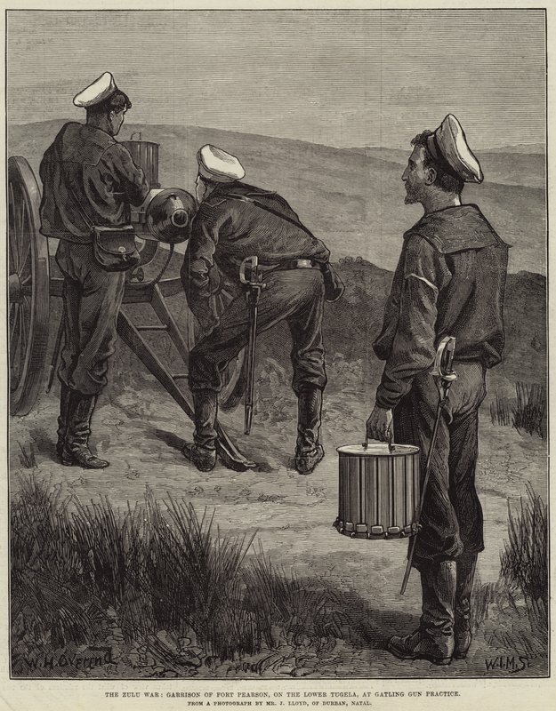 De Zoeloe-oorlog, garnizoen van Fort Pearson, aan de benedenloop van de Tugela, bij Gatling Gun-oefening door William Heysham Overend