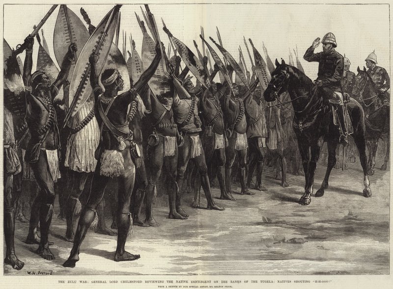 De Zoeloe Oorlog, Generaal Lord Chelmsford inspecteert het Inheemse Contingent aan de Oever van de Tugela, Inheemsen roepen H-H-Ooo! door William Heysham Overend