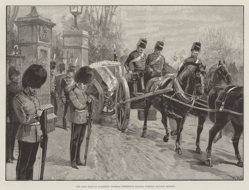 De overleden Hertog van Clarence, Begrafenisstoet verlaat Windsor Treinstation door William Heysham Overend