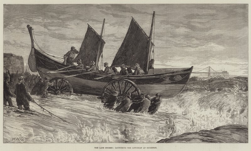 De recente stormen, het lanceren van de reddingsboot in Brighton door William Heysham Overend