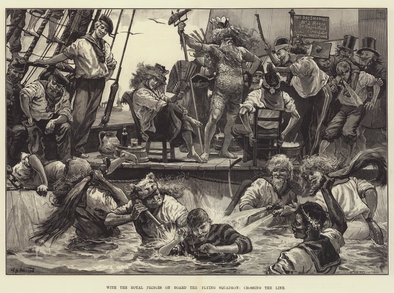 Met de koninklijke prinsen aan boord van het vliegende squadron, de lijn overstekend door William Heysham Overend