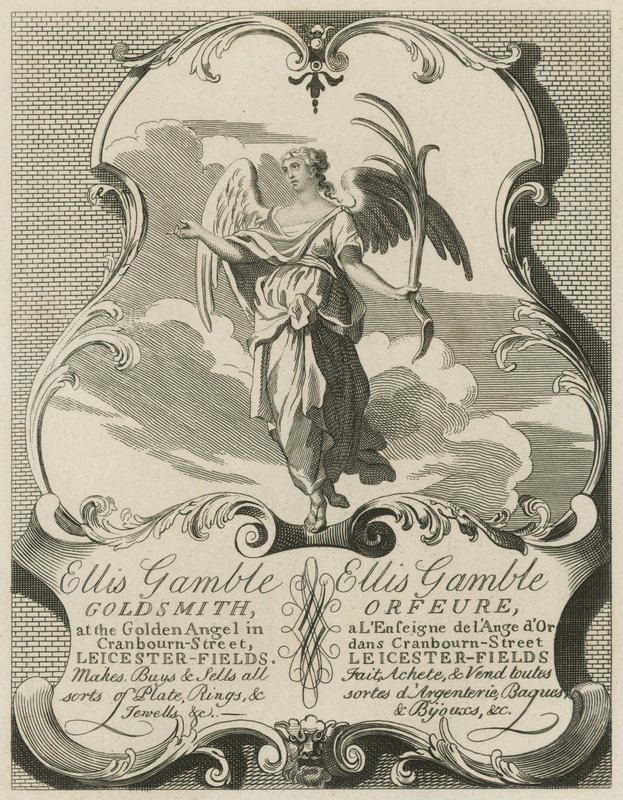 Advertentie voor Ellis Gamble, goudsmid door William Hogarth