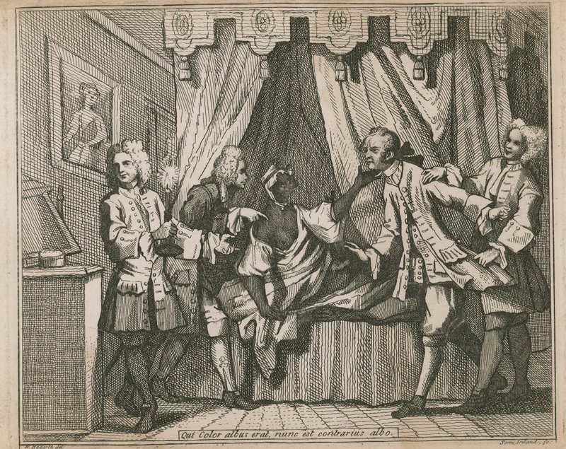 Qui color albus nunc erat, est contrarius albo; Vier mannen confronteren een zwarte vrouw in haar slaapkamer door William Hogarth