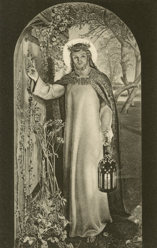 Het Licht van de Wereld, schilderij in Keble College, Oxford, Oxfordshire, met Christus die een lantaarn draagt en op een deur klopt (zw/w foto) door William Holman (after) Hunt