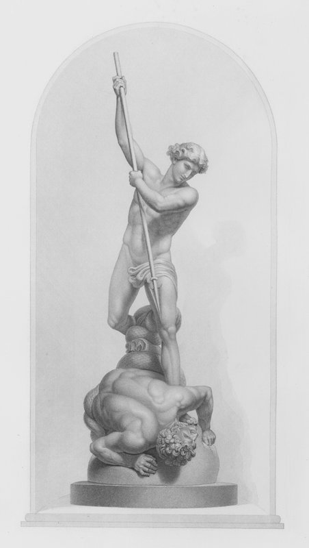 Michael en Satan, uit de marmeren groep door Flaxman, RA, gegraveerd door W Roffe door William John Roffe