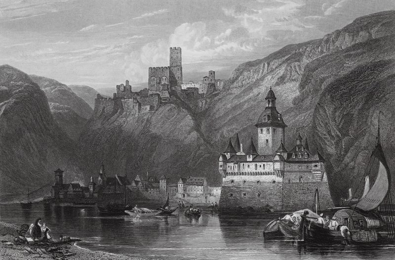Caub, Kasteel van Gutenfels, en de Pfalz, Rijn door William Leighton (after) Leitch