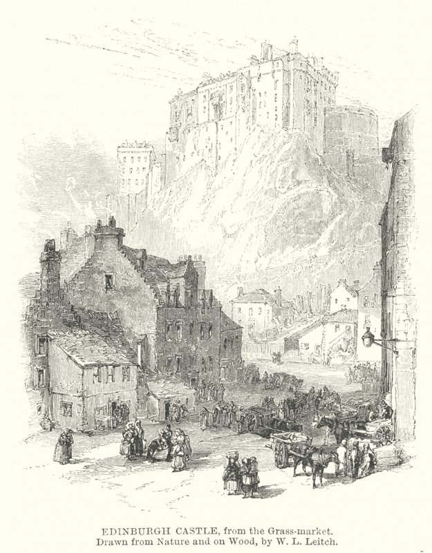 Kasteel van Edinburgh, vanaf de Grass-market (gravure) door William Leighton (after) Leitch