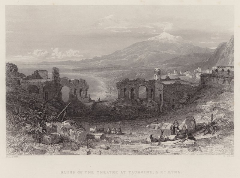 Ruïnes van het Theater in Taormina, en de Etna (gravure) door William Leighton Leitch