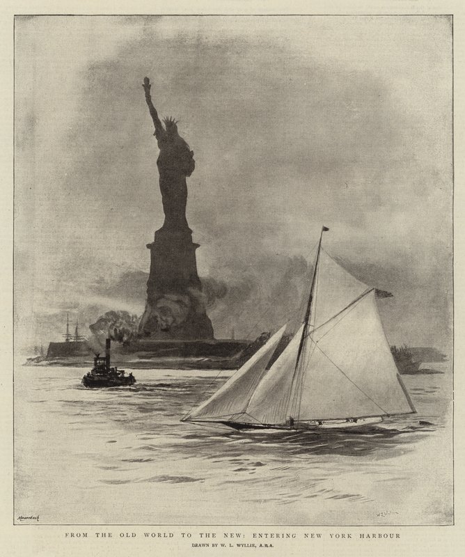Van de Oude Wereld naar de Nieuwe, binnenvaren van de haven van New York door William Lionel Wyllie