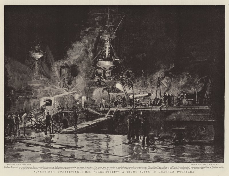 Overwerk, voltooiing van HMS Magnificent, een Nacht Scène in Chatham Dockyard door William Lionel Wyllie