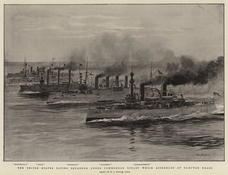 Het Amerikaanse vliegende squadron onder Commodore Schley dat zich verzamelde bij Hampton Roads door William Lionel Wyllie