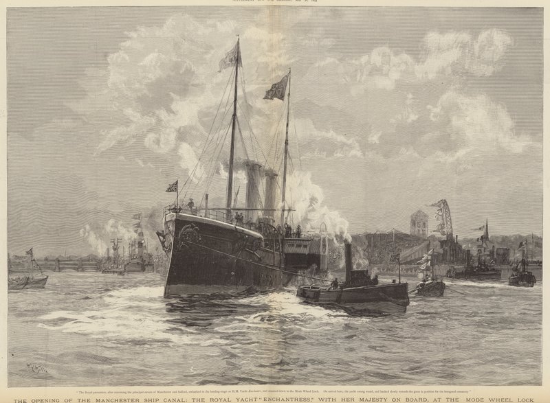 De opening van het Manchester Ship Canal, het Koninklijk Jacht Enchantress met Hare Majesteit aan boord, bij de Mode Wheel Lock door William Lionel Wyllie