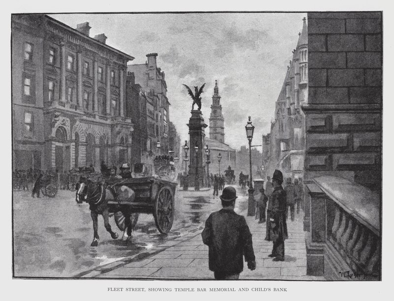 Fleet Street, met uitzicht op Temple Bar Memorial en Child