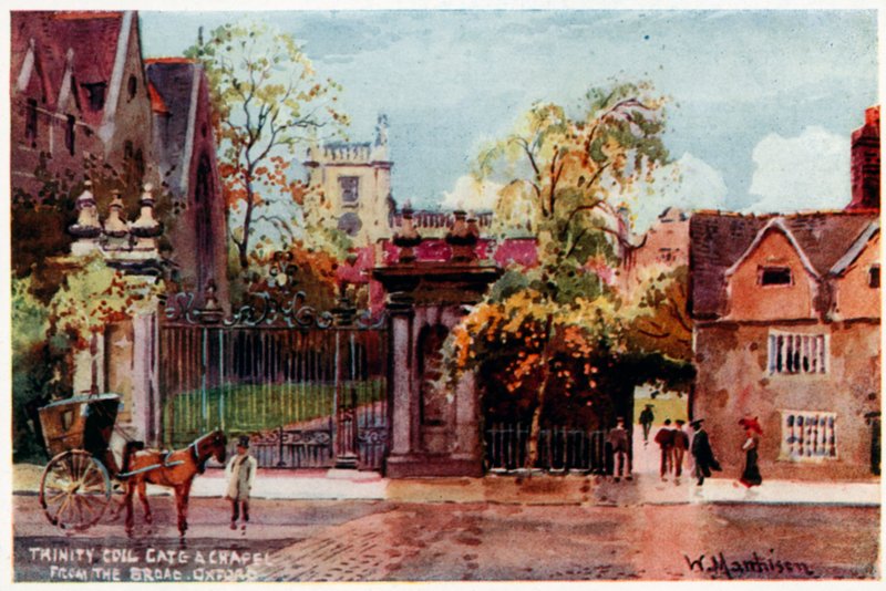 Trinity College, poort en kapel, vanaf Broad St door William Matthison