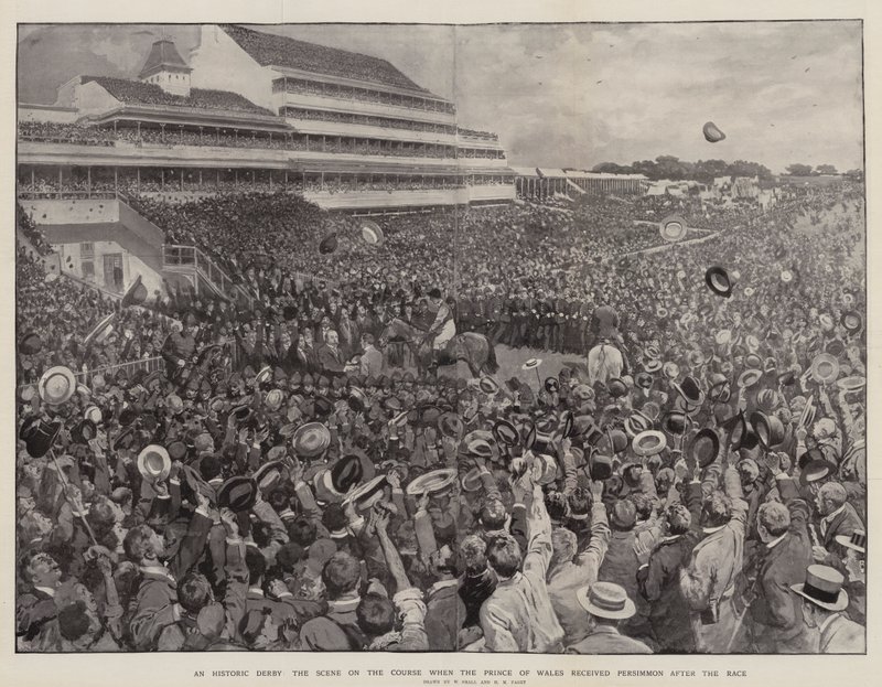 Een historische derby, de scène op de baan toen de Prins van Wales Persimmon ontving na de race door William Small