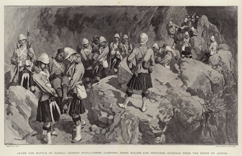 Na de slag bij Dargai, Gordon Highlanders dragen gedode en gewonde Gurkha