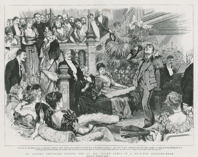 Mr. Albert Chevalier zingt een van zijn coster-liedjes in een salon in West End (gravure) door William Small