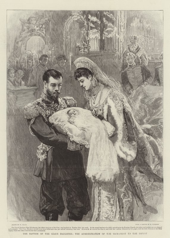 De doop van de dochter van de tsaar, de toediening van het sacrament aan de baby door William Small