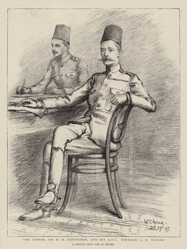 De Sirdar, Sir H H Kitchener, en zijn ADC, Bimbashi J K Watson door William T. Maud