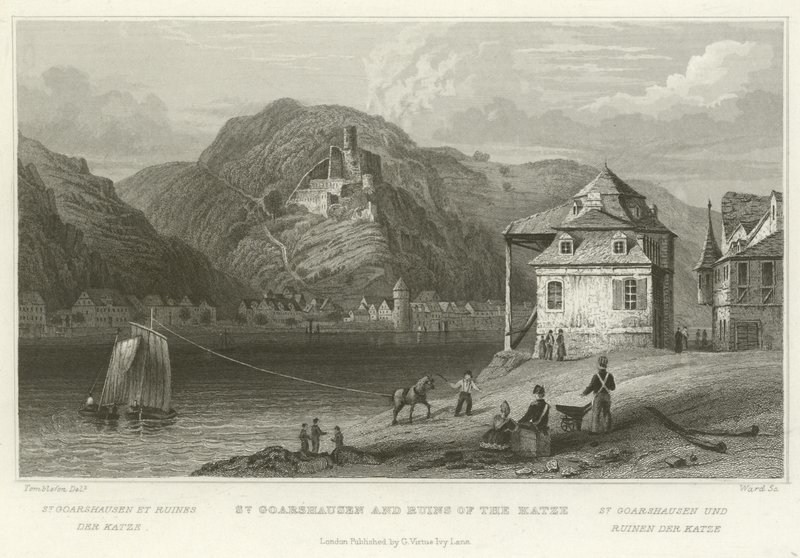 St Goarshausen en ruïnes van de Katze door William Tombleson