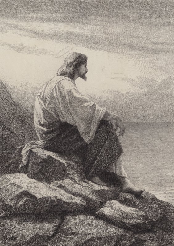 Jezus zittend aan de zee door after Albert Robida