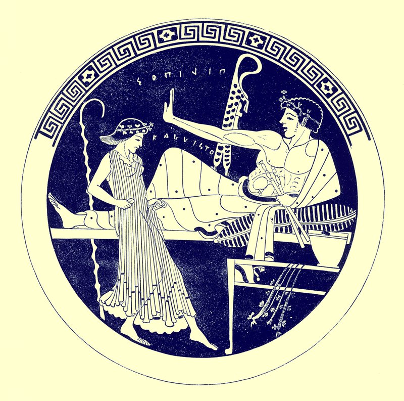 Dansend meisje en feestende jongeman, illustratie uit Griekse Vaas Schilderijen door J. E. Harrison en D. S. MacColl, gepubliceerd 1894 door after English School