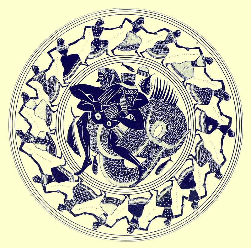 Herakles worstelt met Triton, illustratie uit Griekse Vaas Schilderijen door J. E. Harrison en D. S. MacColl, gepubliceerd 1894 door after English School