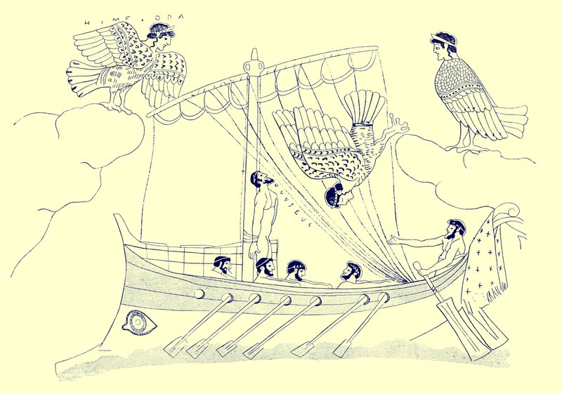 Ulysses en de Sirenen, illustratie uit Griekse Vaas Schilderijen door J. E. Harrison en D. S. MacColl, gepubliceerd 1894 door after English School
