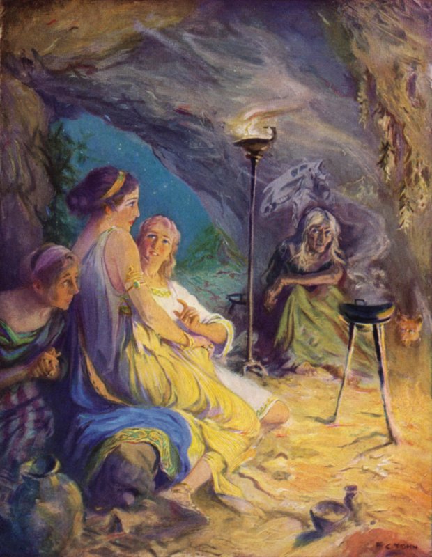 Glaucus en Ione zoeken toevlucht in de grot van de heks door after Frederick Coffay Yohn