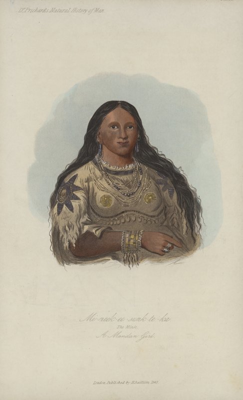 Mi-neek-ee-sunk-te-ka, De Mink, Een Mandan Meisje (aquatint) door after George Catlin