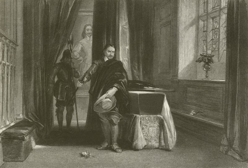 Cromwell bekijkt het lichaam van Karel I, een schaduw bewoog over zijn voorhoofd door after George Cattermole
