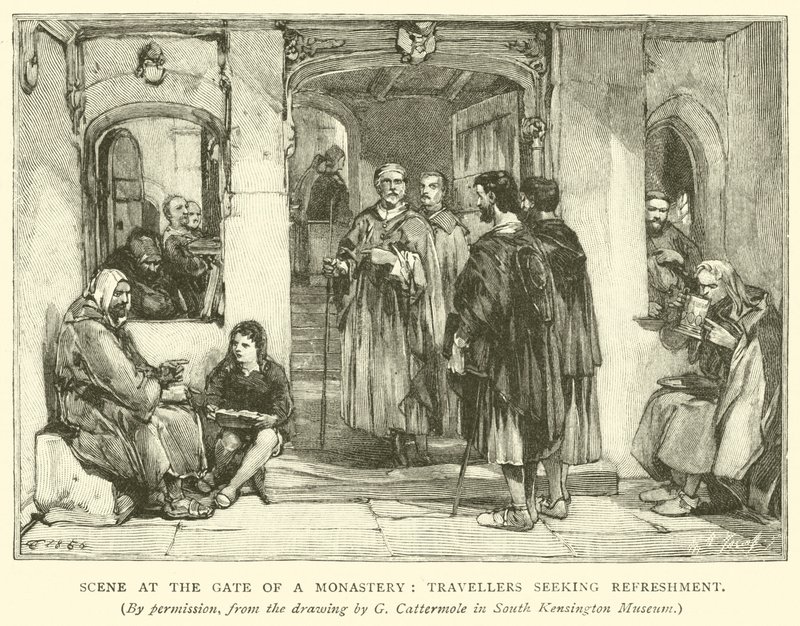 Scène bij de poort van een klooster, reizigers zoeken verfrissing door after George Cattermole