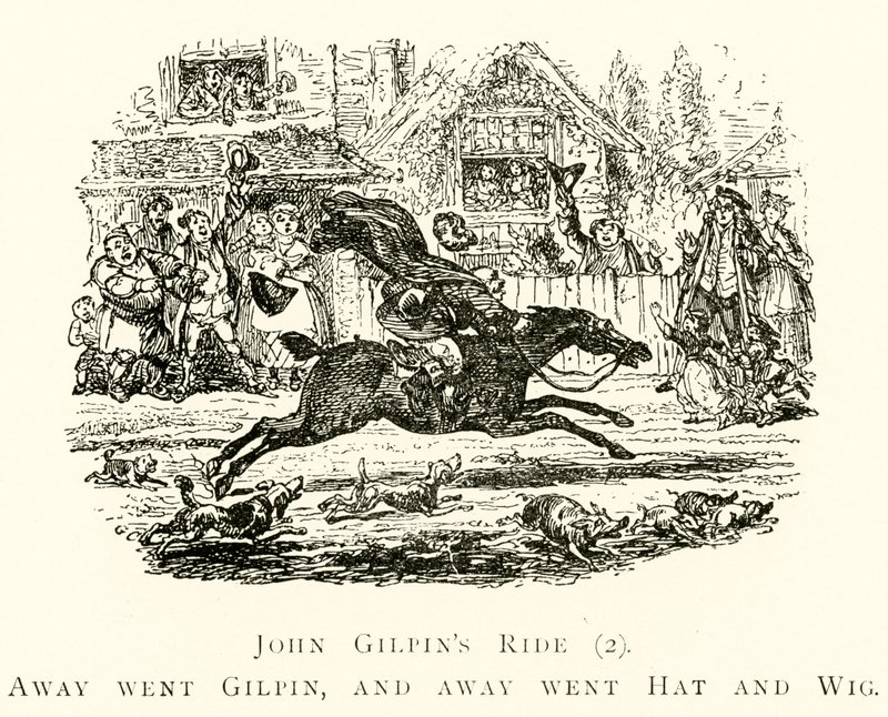John Gilpins rit (2), weg ging Gilpin, en weg gingen hoed en pruik door after George Cruikshank