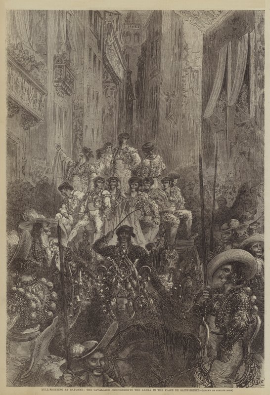 Stierengevecht in Bayonne, de cavalcade naar de arena op de Place de Saint-Esprit door Gustave after Dore