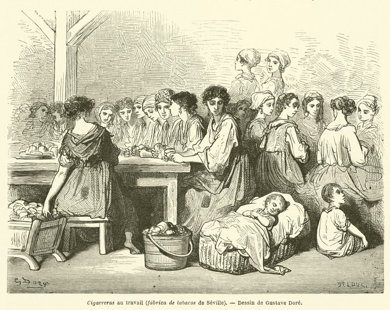 Cigarreras aan het werk, tabaksfabriek van Sevilla door Gustave after Dore